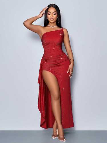 Asymmetrical shoulder strap high side slit maxi dress