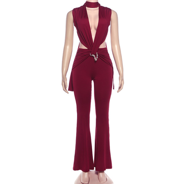 Sleeveless deep V low cut hollowed out high waisted hip hugging jumpsuit