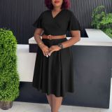 V-neck flared sleeve A-line skirt dress