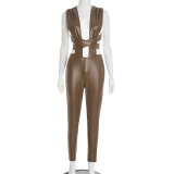 Hanging neck cross tie bow leather backless nine piece jumpsuit