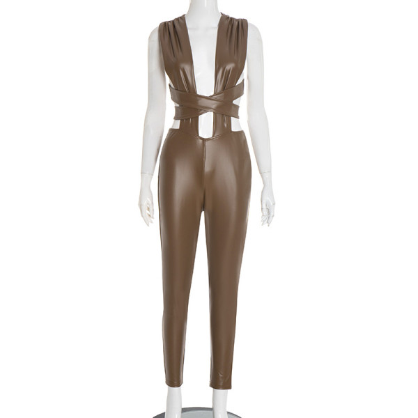 Hanging neck cross tie bow leather backless nine piece jumpsuit