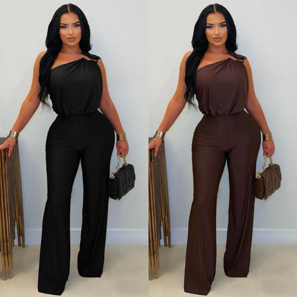 Slanted shoulder sleeveless hip hugging wide leg jumpsuit