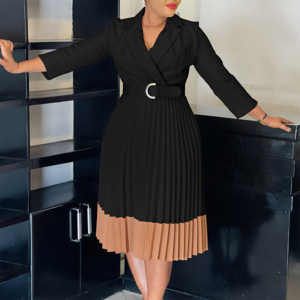 Suit collar pleated high waisted dress
