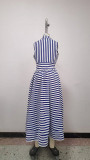 Sleeveless waist cinched A-line skirt long striped dress