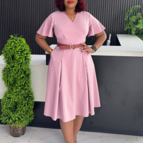 V-neck flared sleeve A-line skirt dress