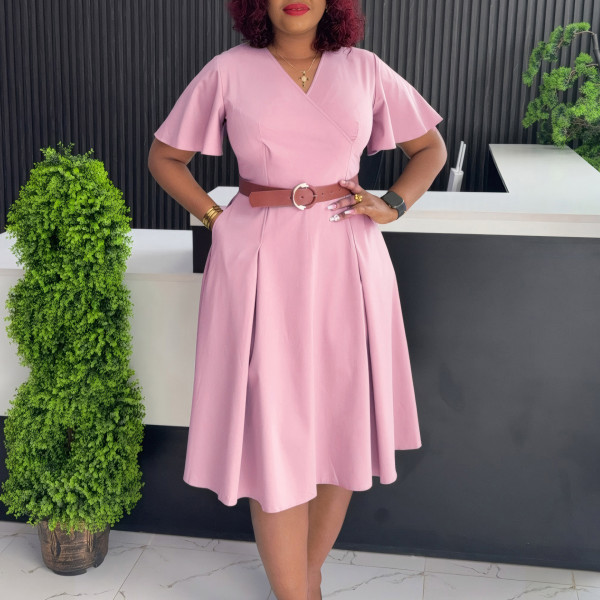 V-neck flared sleeve A-line skirt dress