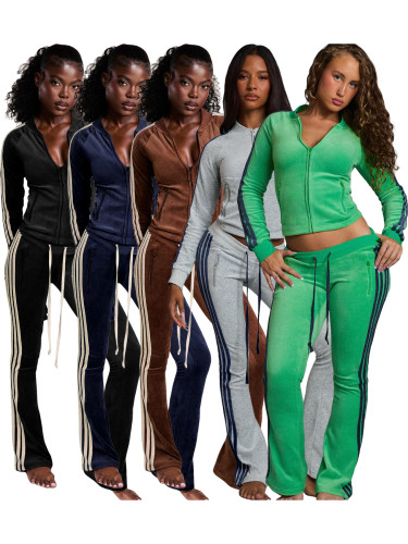 Two piece set of German velvet zipper drawstring micro flared pants