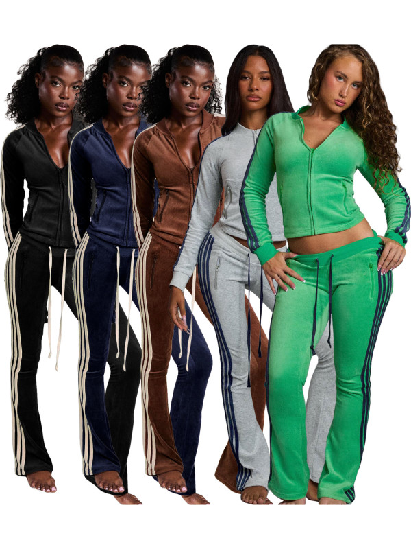 Two piece set of German velvet zipper drawstring micro flared pants