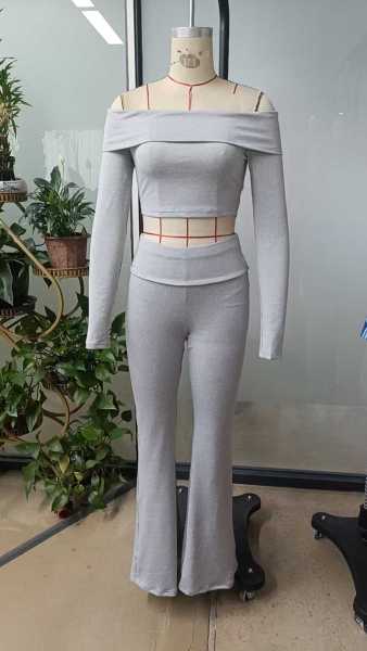 Shoulderless long-sleeved solid color bodycon top and pants two-piece set