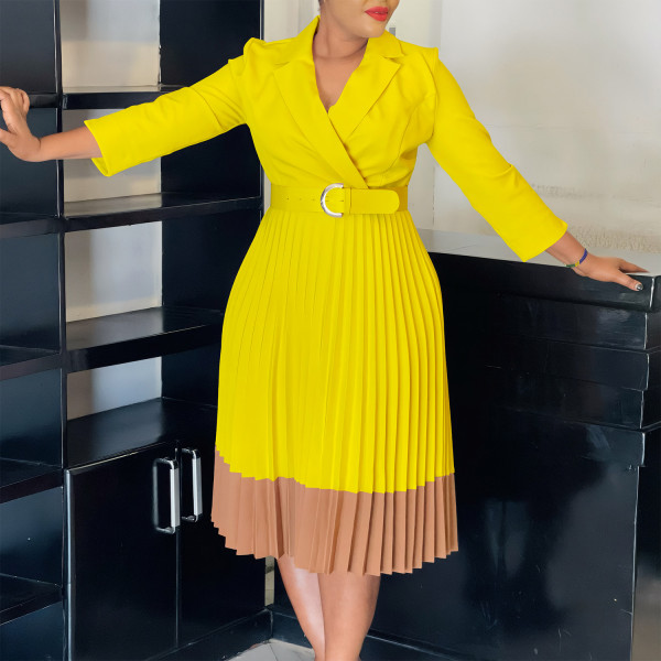 Suit collar pleated high waisted dress
