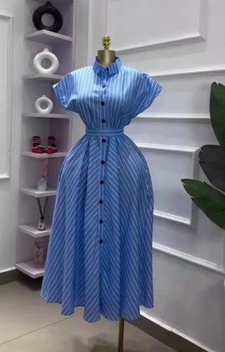 Striped MIDI shirt collar short sleeved waist cinched one breasted dress