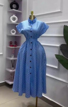 Striped MIDI shirt collar short sleeved waist cinched one breasted dress Striped MIDI shirt collar short sleeved waist cinched one breasted dress