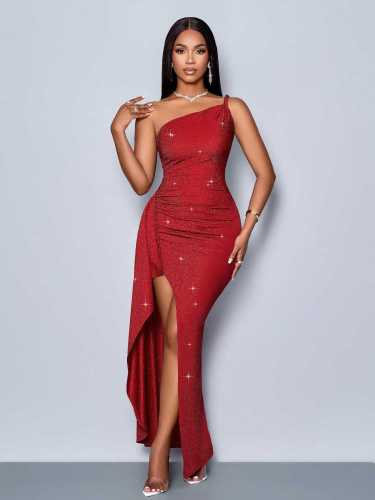 Asymmetrical shoulder strap high side slit maxi dress