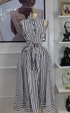 Sleeveless waist cinched A-line skirt long striped dress