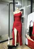 Asymmetrical shoulder strap high side slit maxi dress