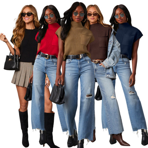 Solid color woolen pit stripe semi high neck raglan top sweater