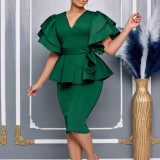 Lotus leaf edge solid color hip hugging dress