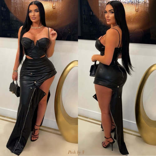 PU leather metal zipper high slit skirt