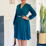 V-neck pleated high waisted dress