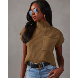 Solid color woolen pit stripe semi high neck raglan top sweater