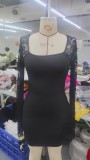 Horn sleeve slit solid color lace patchwork square neck hip hugging dress