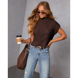 Solid color woolen pit stripe semi high neck raglan top sweater