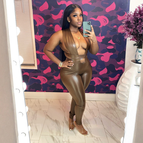 Hanging neck cross tie bow leather backless nine piece jumpsuit