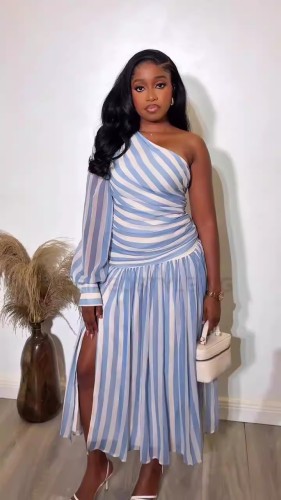 Striped one shoulder slit long dress