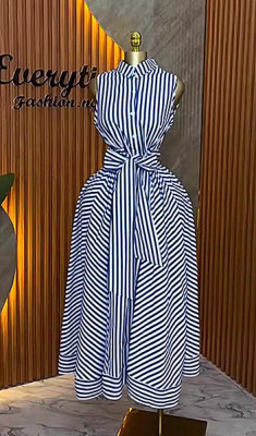 Sleeveless waist cinched A-line skirt long striped dress