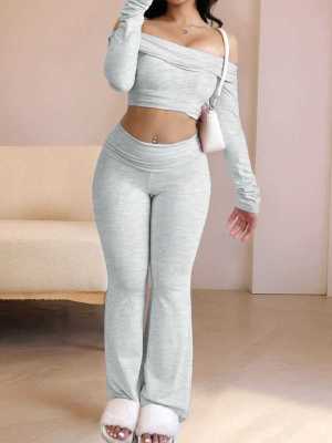 Shoulderless long-sleeved solid color bodycon top and pants two-piece set
