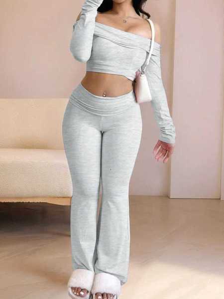 Shoulderless long-sleeved solid color bodycon top and pants two-piece set