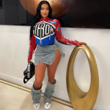 Printed stand up collar short zipper jacket