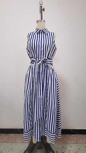 Sleeveless waist cinched A-line skirt long striped dress