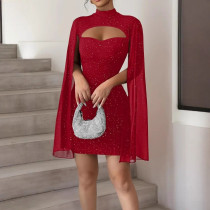 Round neck chiffon cape lantern sleeve groove strip hip hugging dress