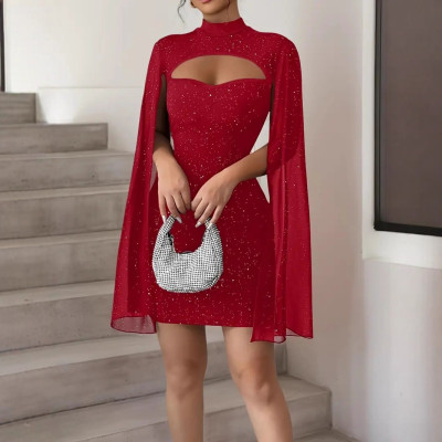 Round neck chiffon cape lantern sleeve groove strip hip hugging dress