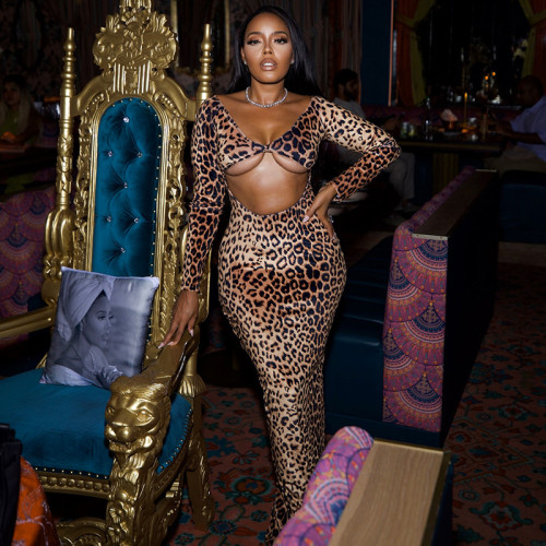 Leopard print hollowed out long sleeved dress with exposed waist