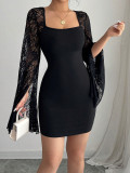 Horn sleeve slit solid color lace patchwork square neck hip hugging dress