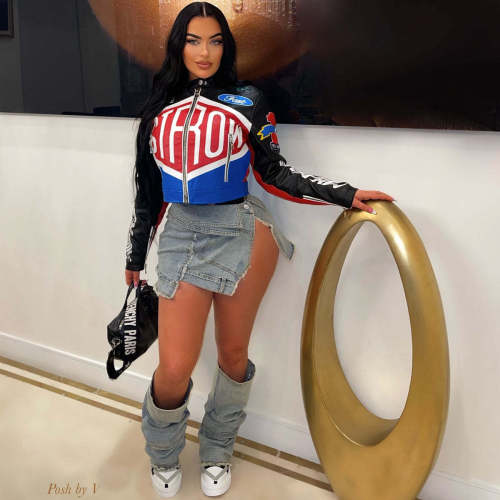 Printed stand up collar short zipper jacket