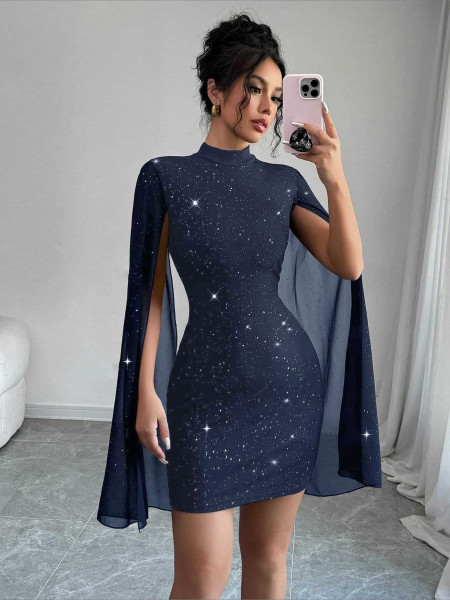 Sparkling Printed High-Neck Lantern Sleeve Bodysuit Dress