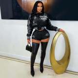 Elastic PU leather embroidered baseball jacket + shorts two-piece set YS8018