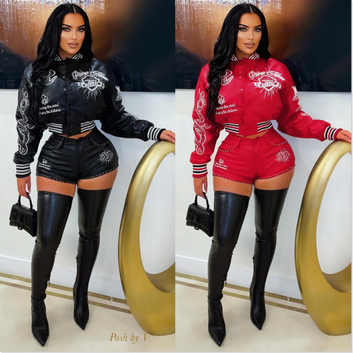 Elastic PU leather embroidered baseball jacket + shorts two-piece set YS8018