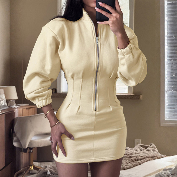 Long sleeved stand up collar zipper waist cinching hoodie dress