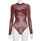 Mesh PU leather long sleeved twisted tight jumpsuit