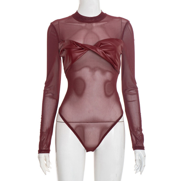 Mesh PU leather long sleeved twisted tight jumpsuit