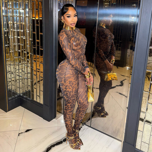 Leopard print mesh high neck long sleeved set finger jumpsuit tight pants set
