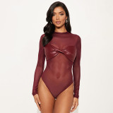 Mesh PU leather long sleeved twisted tight jumpsuit