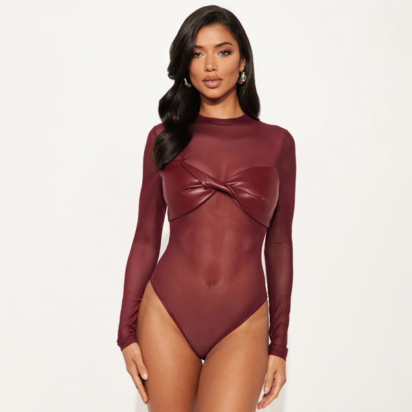 Mesh PU leather long sleeved twisted tight jumpsuit