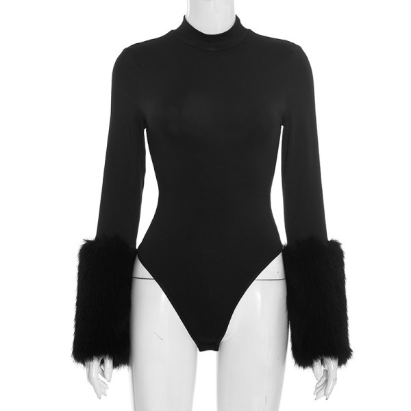 Cuff splicing fur solid color tight fitting jumpsuit