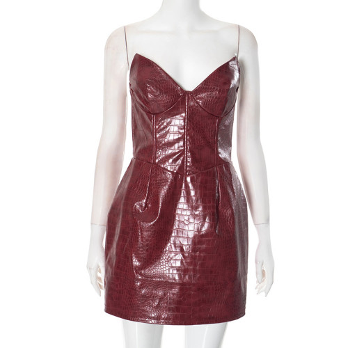 Crocodile patterned leather hot girl strapless dress