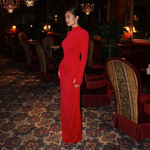 High neck pleated long dress